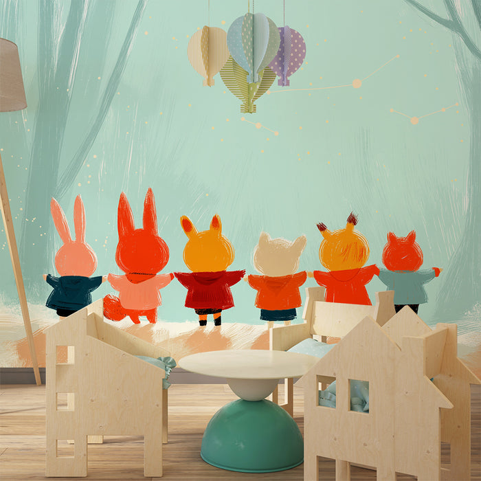 Papier peint chambre enfant | Animaux mignons sous les étoiles dans une forêt enchantée