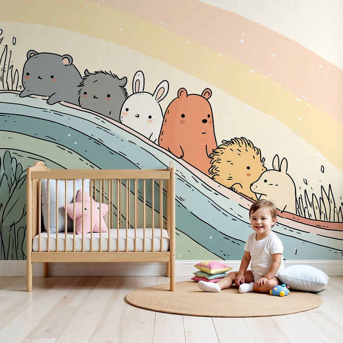 Kinderzimmer Tapete | Niedliche Tiere auf einem bunten Regenbogen