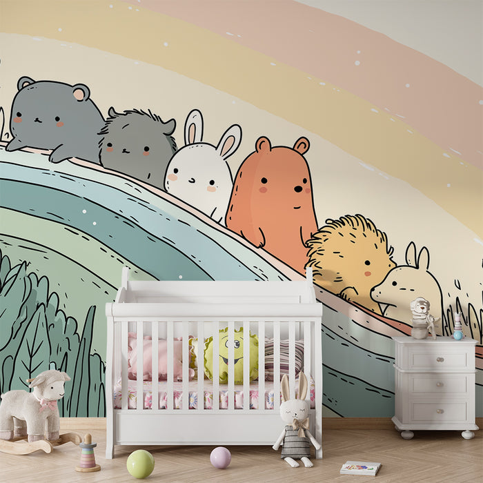 Kinderzimmer Tapete | Niedliche Tiere auf einem bunten Regenbogen