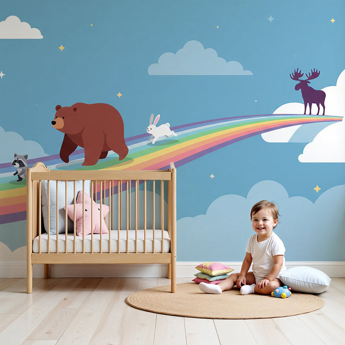 Papel pintado infantil | Animales adorables sobre un arcoíris en un cielo azul