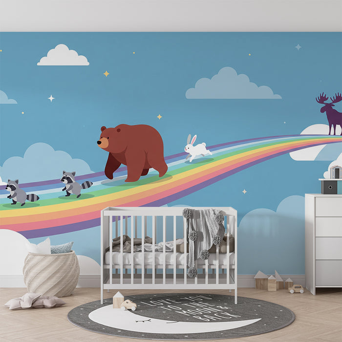 Papel pintado infantil | Animales adorables sobre un arcoíris en un cielo azul