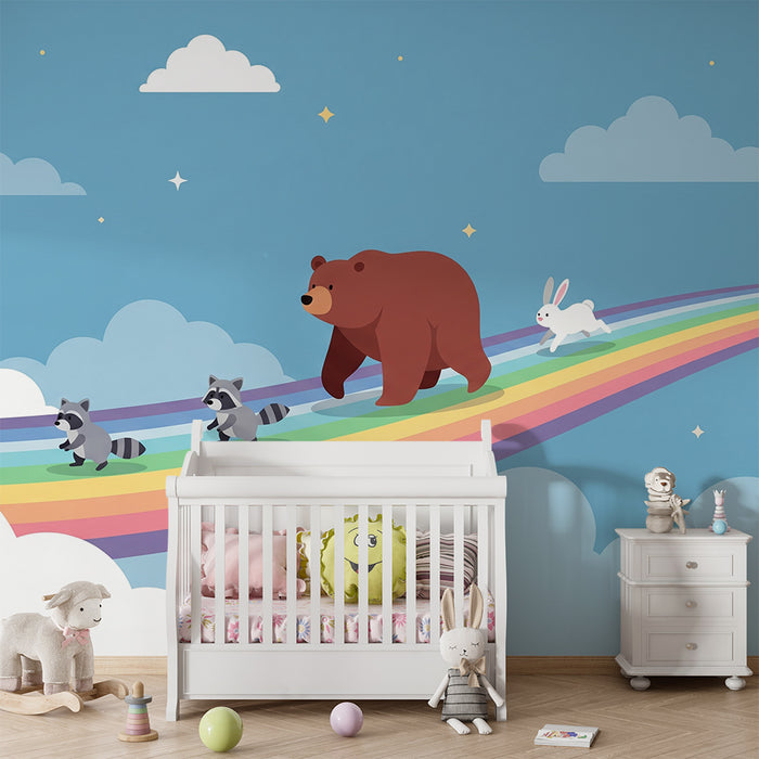 Papel pintado infantil | Animales adorables sobre un arcoíris en un cielo azul