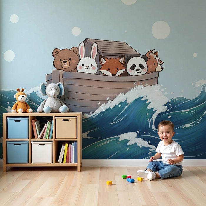 Kinderzimmer-Tapete | Niedliche Tiere auf einem Boot inmitten der Wellen