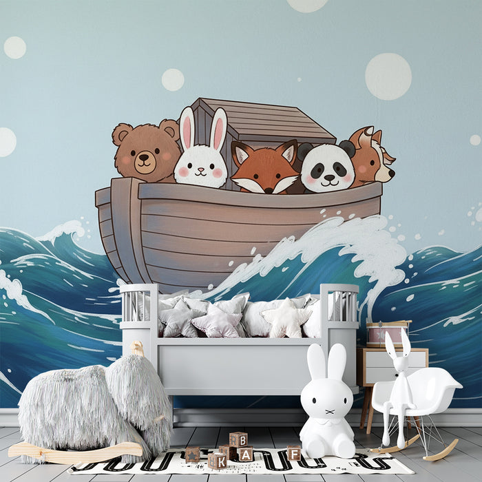Kinderzimmer-Tapete | Niedliche Tiere auf einem Boot inmitten der Wellen