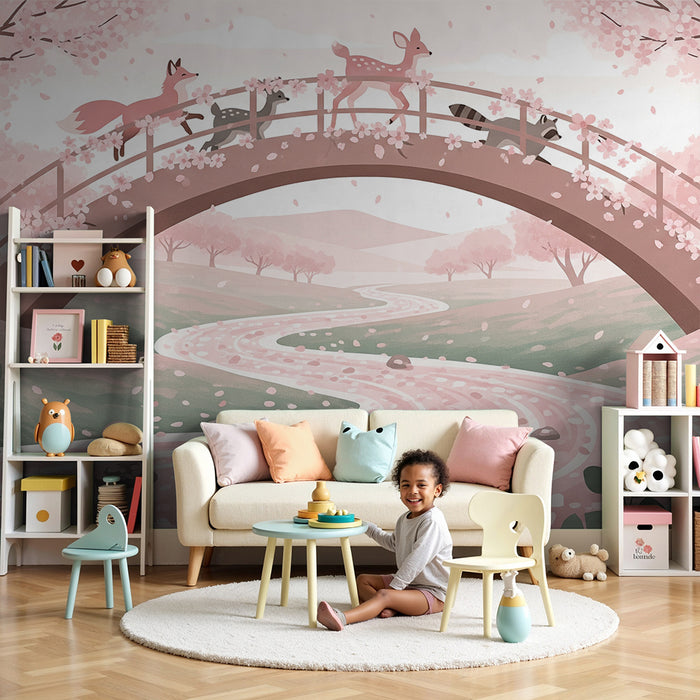 Papier peint chambre enfant | Animaux mignons sur un pont fleuri dans un paysage pastel