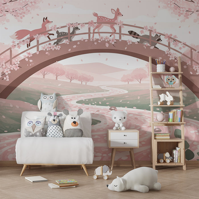 Papier peint chambre enfant | Animaux mignons sur un pont fleuri dans un paysage pastel