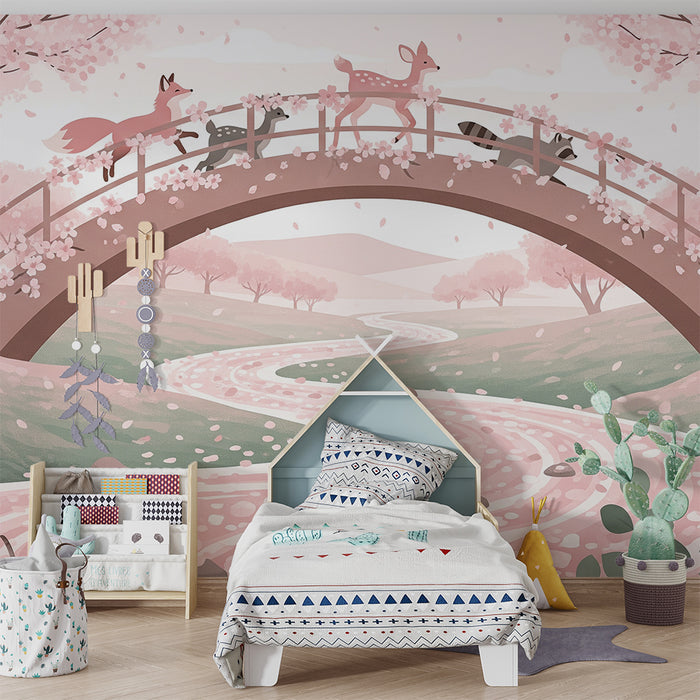 Papier peint chambre enfant | Animaux mignons sur un pont fleuri dans un paysage pastel