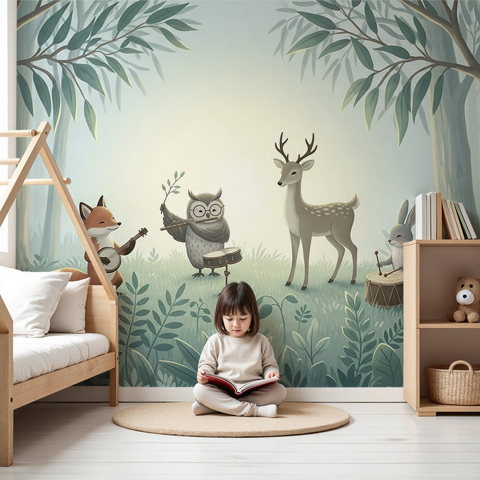 Papier peint chambre enfant | Animaux musicaux dans une forêt enchantée