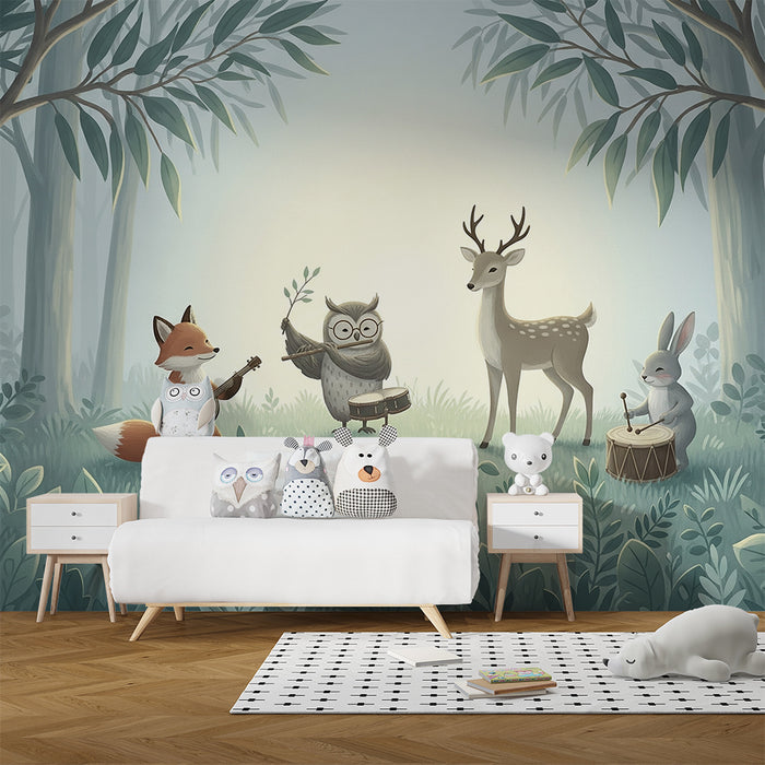Papier peint chambre enfant | Animaux musicaux dans une forêt enchantée