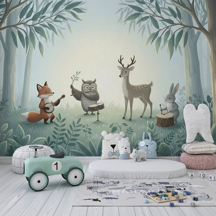 Papier peint chambre enfant | Animaux musicaux dans une forêt enchantée