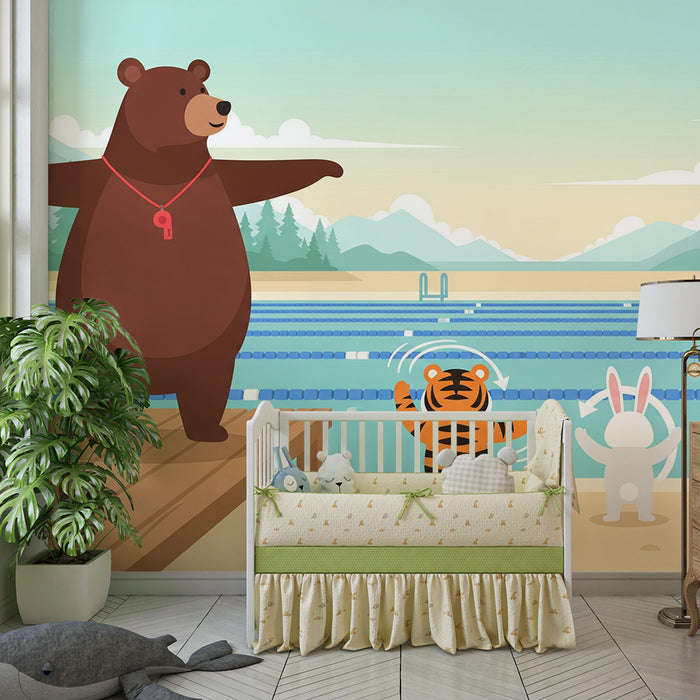 Kinderzimmer Tapete | Schwimmende Tiere im Pool mit einem Bären als Trainer