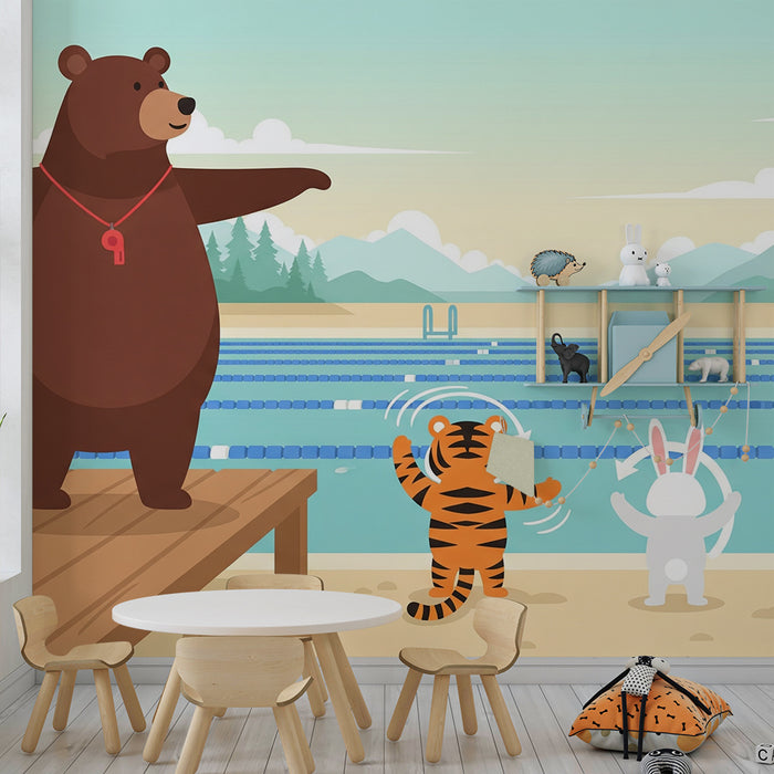 Kinderzimmer Tapete | Schwimmende Tiere im Pool mit einem Bären als Trainer