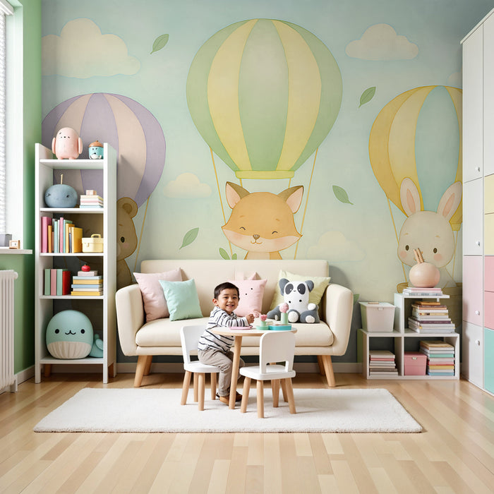 Papier peint chambre enfant | Animaux pastel en montgolfière
