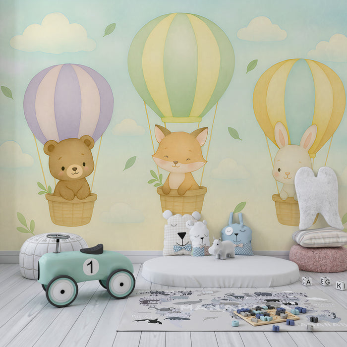 Papier peint chambre enfant | Animaux pastel en montgolfière