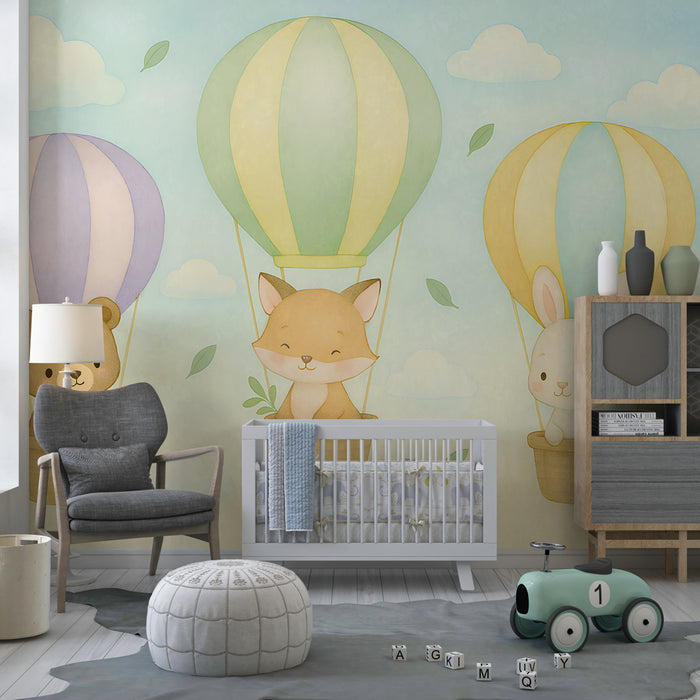 Papier peint chambre enfant | Animaux pastel en montgolfière