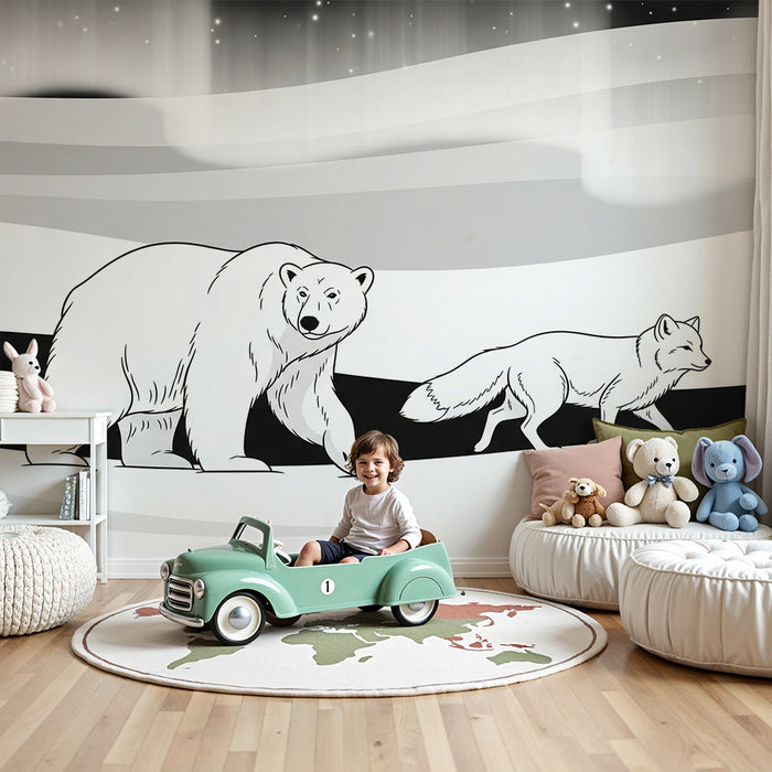 Papel de parede para quarto de criança | Animais polares a preto e branco numa paisagem de inverno