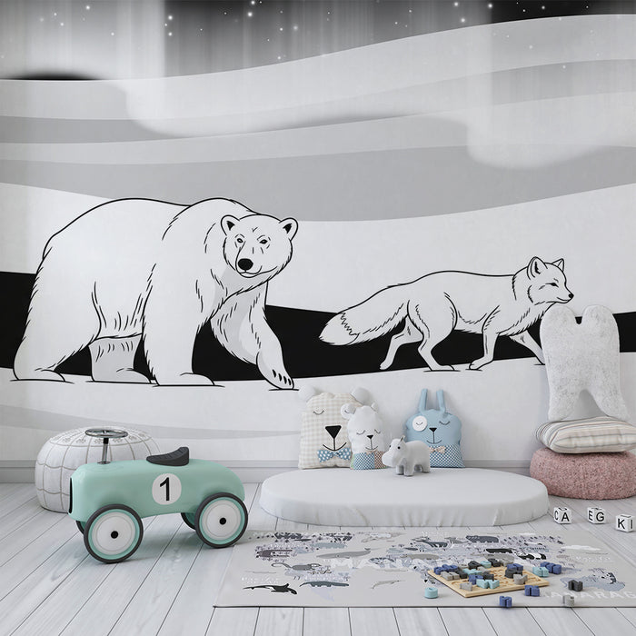 Papel de parede para quarto de criança | Animais polares a preto e branco numa paisagem de inverno