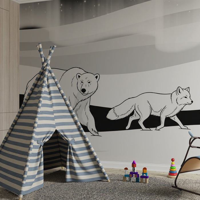 Papel de parede para quarto de criança | Animais polares a preto e branco numa paisagem de inverno