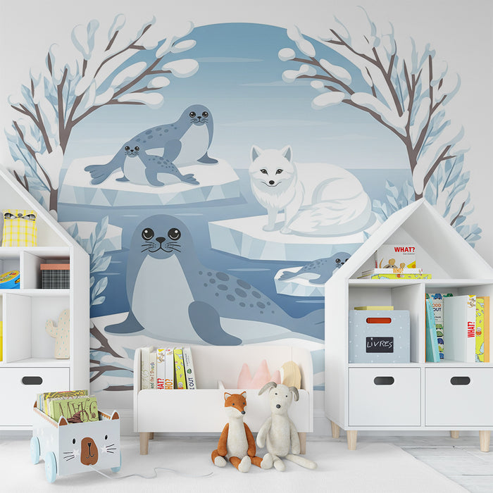 Kinderzimmer Tapete | Polare Tiere auf Eisbergen in einer winterlichen Landschaft