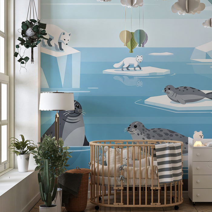 Dětská pokojová tapeta | Polární zvířata na ledovci s tuleňi a liškami