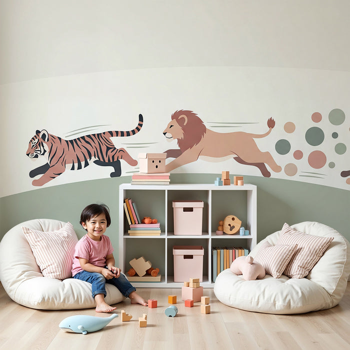 Kids room wallpaper | Wild animals in full motion: tiger, lion and cheetah