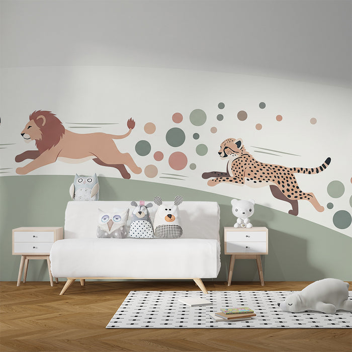 Kids room wallpaper | Wild animals in full motion: tiger, lion and cheetah