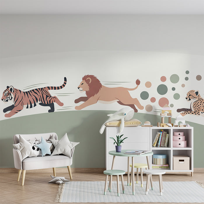 Kids room wallpaper | Wild animals in full motion: tiger, lion and cheetah