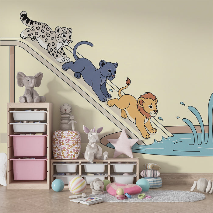 Kinderkamer behang | Wilde dieren die plezier hebben op een waterglijbaan