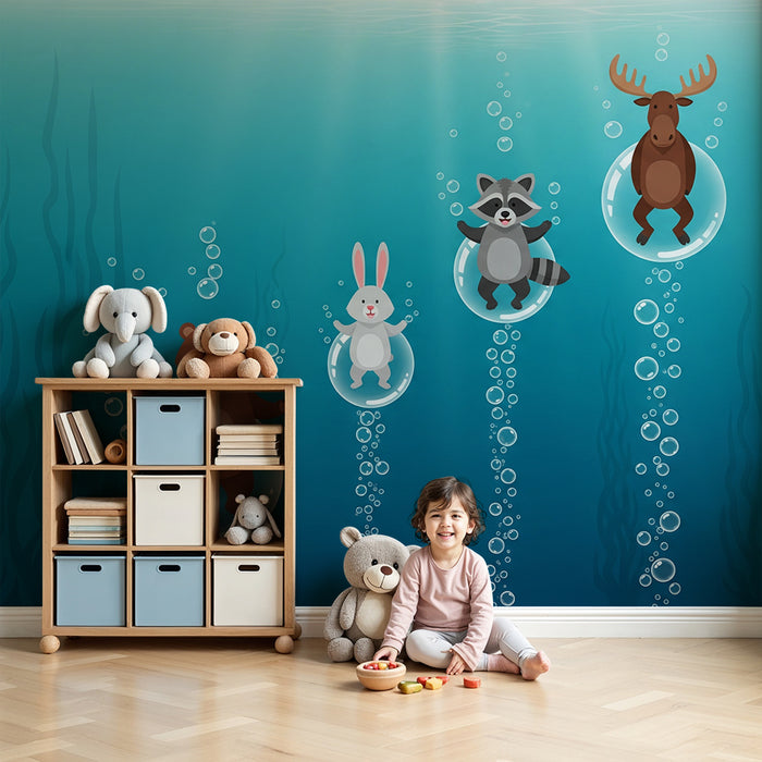 Papel de parede para quarto de criança | Animais marinhos em bolhas de ar