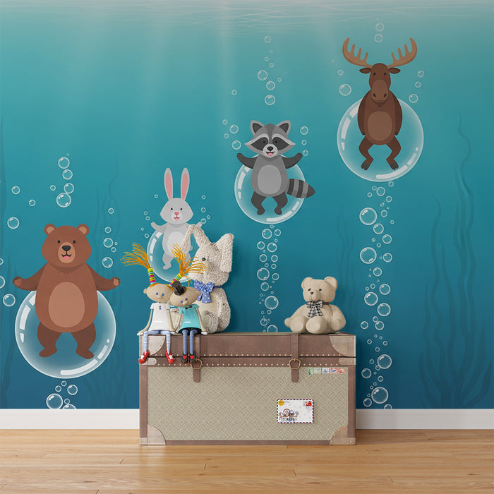 Papel de parede para quarto de criança | Animais marinhos em bolhas de ar