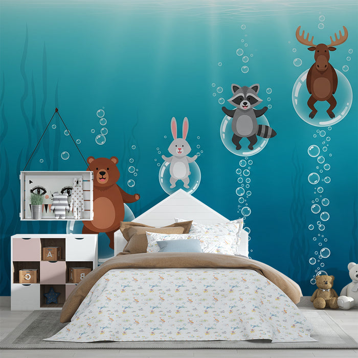 Papel de parede para quarto de criança | Animais marinhos em bolhas de ar