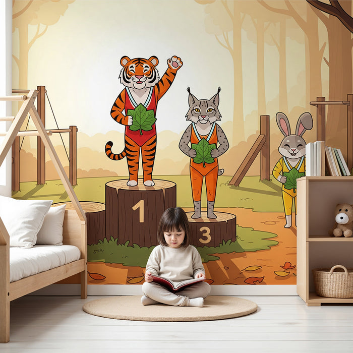 Papel de parede para quarto de criança | Animais desportivos na floresta com pódio e medalhas