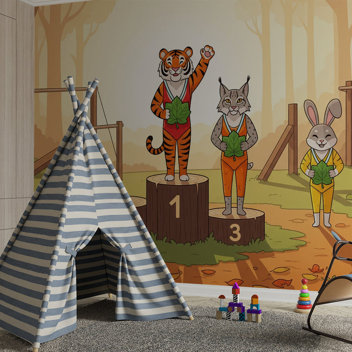 Papel de parede para quarto de criança | Animais desportivos na floresta com pódio e medalhas