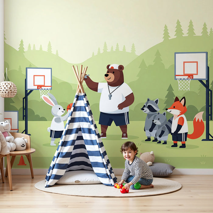 Kinderzimmer-Tapete | Sporttiere auf dem Basketballplatz