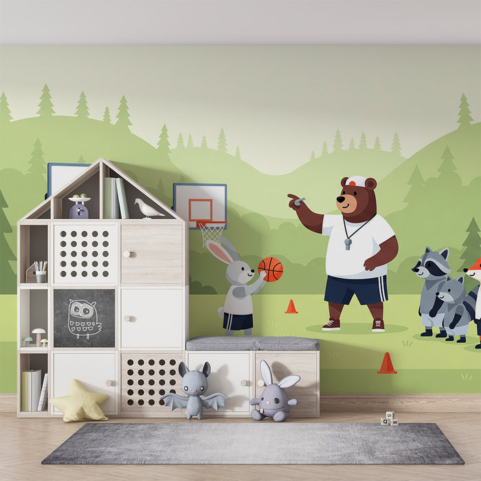 Kinderzimmer-Tapete | Sporttiere auf dem Basketballplatz
