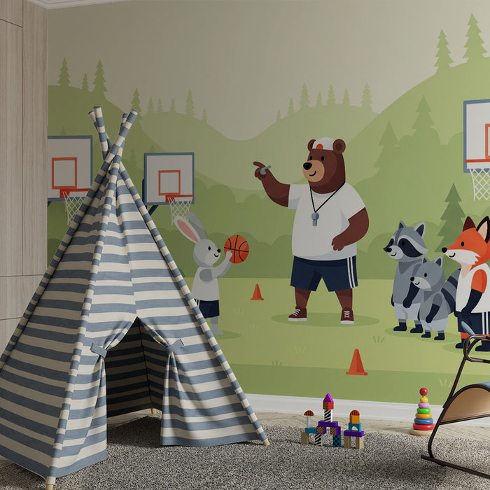 Kinderzimmer-Tapete | Sporttiere auf dem Basketballplatz