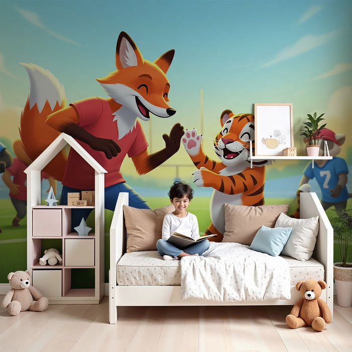 Kids room wallpaper | Sporty animals on the playground