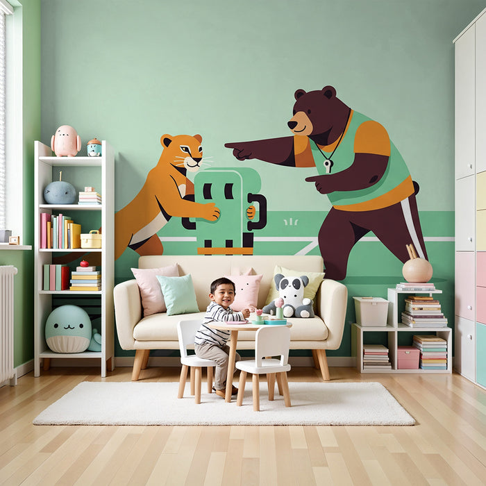 Papel de parede criança | Animais esportivos: um urso e um filhote de leão em plena atividade