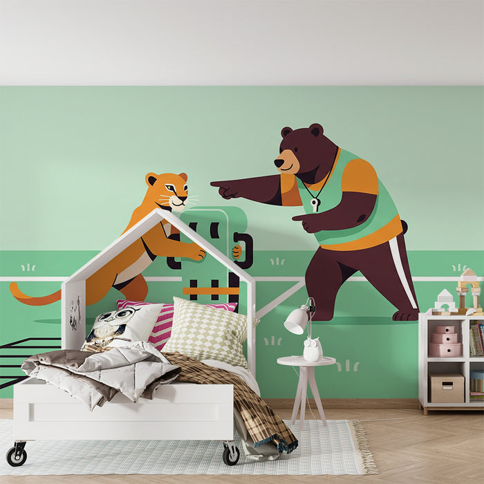 Papel de parede criança | Animais esportivos: um urso e um filhote de leão em plena atividade