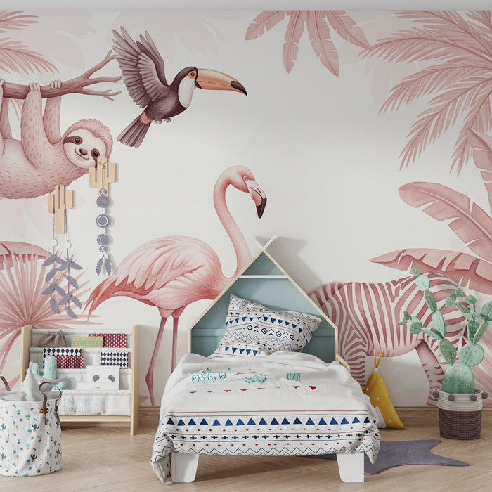 Kids room wallpaper | Tropical animals and dreamy foliage