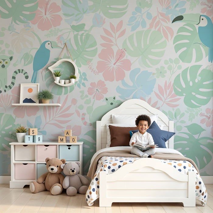 Papel de parede criança | Animais tropicais e flores exóticas