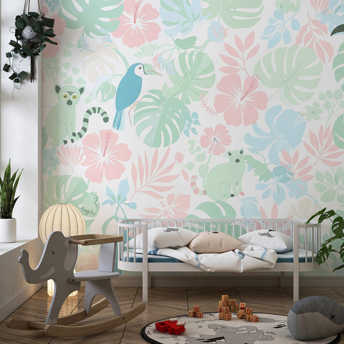 Papel de parede criança | Animais tropicais e flores exóticas