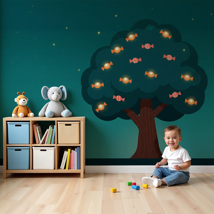 Papel de parede infantil | Árvore dos doces iluminada sob um céu estrelado