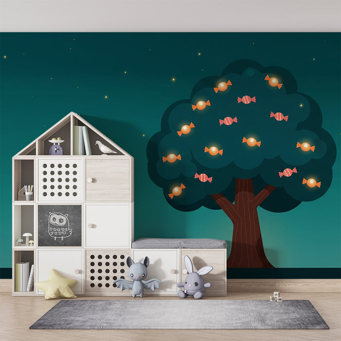 Papel de parede infantil | Árvore dos doces iluminada sob um céu estrelado