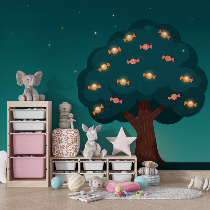 Papel de parede infantil | Árvore dos doces iluminada sob um céu estrelado
