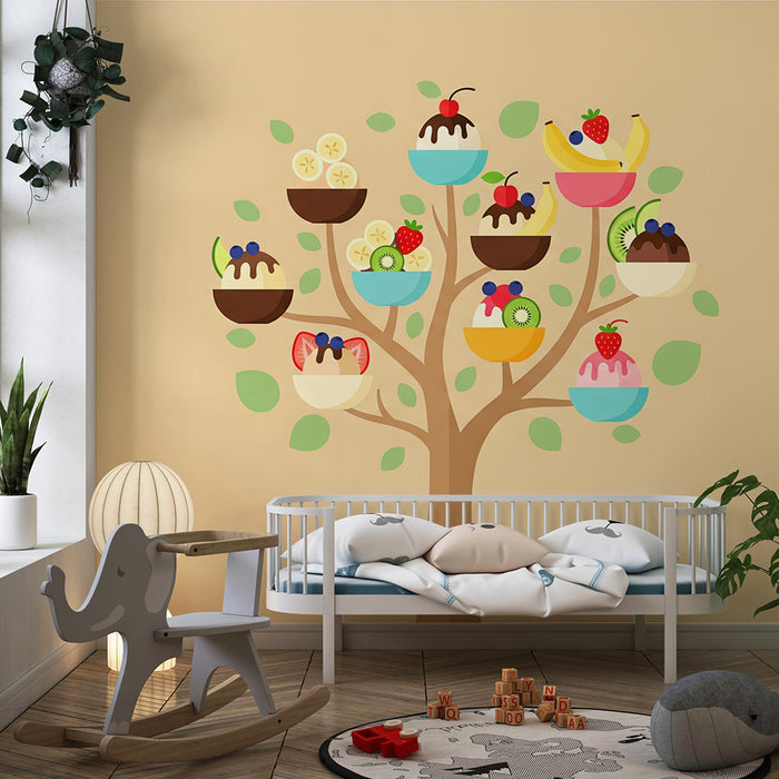 Papel pintado infantil | Árbol de helados colorido con frutas y cremas