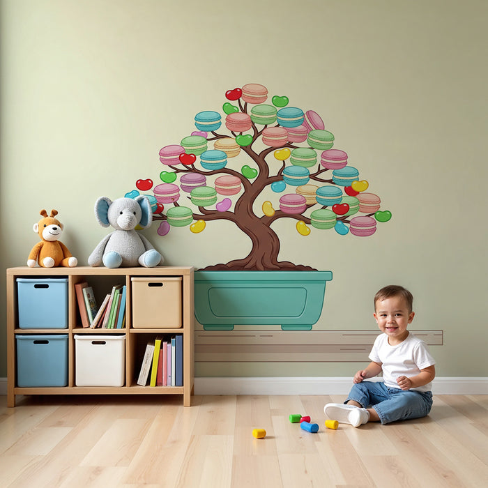 Papel pintado infantil | Árbol de macarons coloridos con dulces alegres