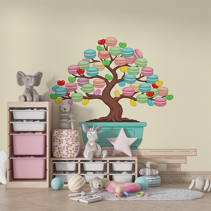 Papel pintado infantil | Árbol de macarons coloridos con dulces alegres