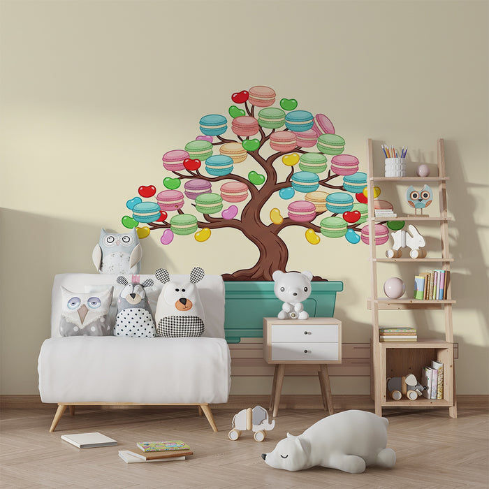 Papel pintado infantil | Árbol de macarons coloridos con dulces alegres