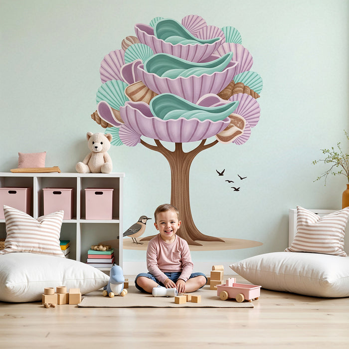 Kids' Room Wallpaper | Colorful Shell Tree with Curious Bird